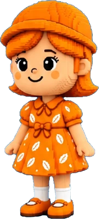 Laranjinha, a mascote, sorrindo de vestido laranja